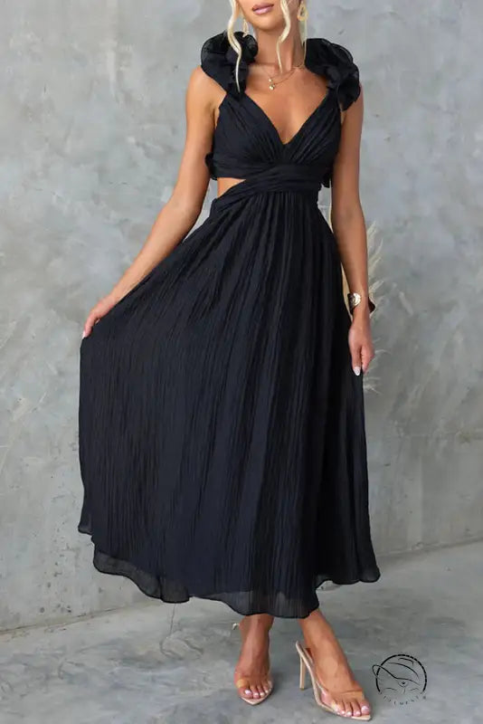 Elegant black cut-out pleated maxi dress with ruffle V-neck, free shipping