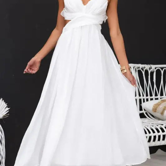 Elegant backless maxi dress with ruffle V-neck and pleated design, free shipping available