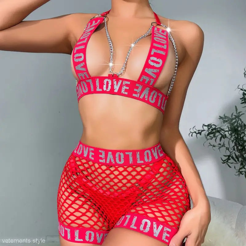 Red lingerie set with LOVE graphic, Elegant Backless Mesh Graphic Underwear Suit Set