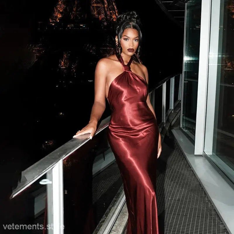 Elegant backless satin halter dress perfect for formal occasions