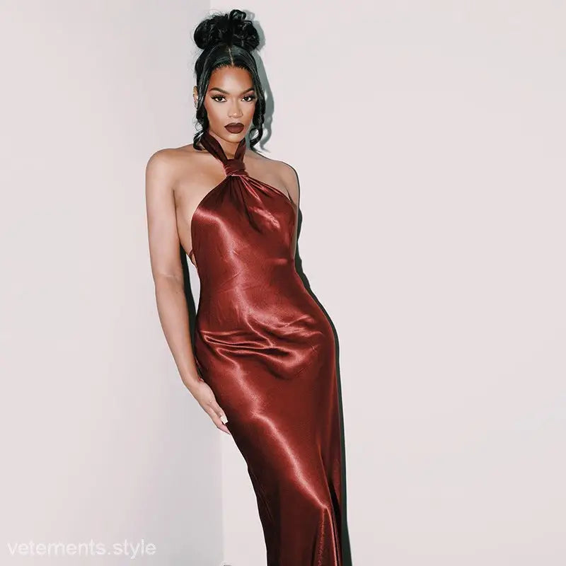Elegant halter backless satin gown perfect for formal occasions and upscale events