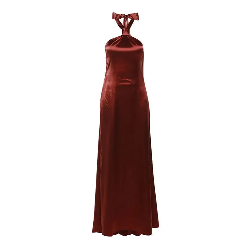 Elegant halter backless satin maxi dress in maroon for formal occasions