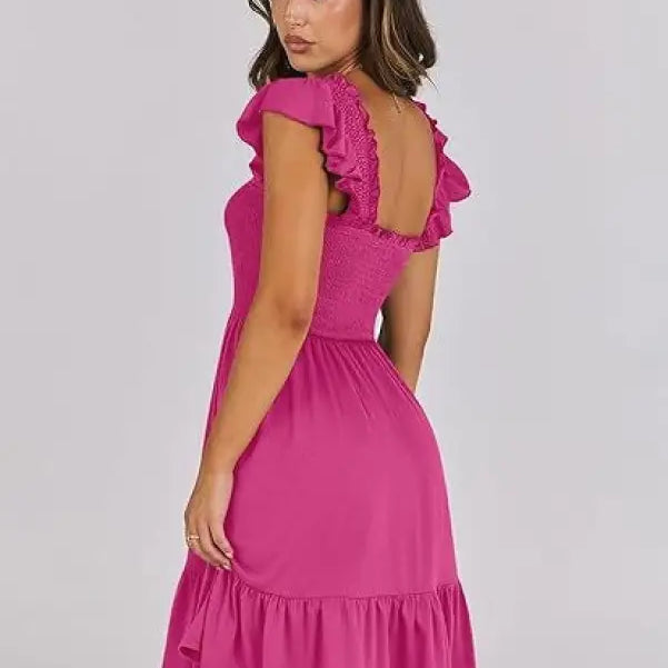 Fuchsia sexy backless short mini dress with ruffle detail for elegant evening wear