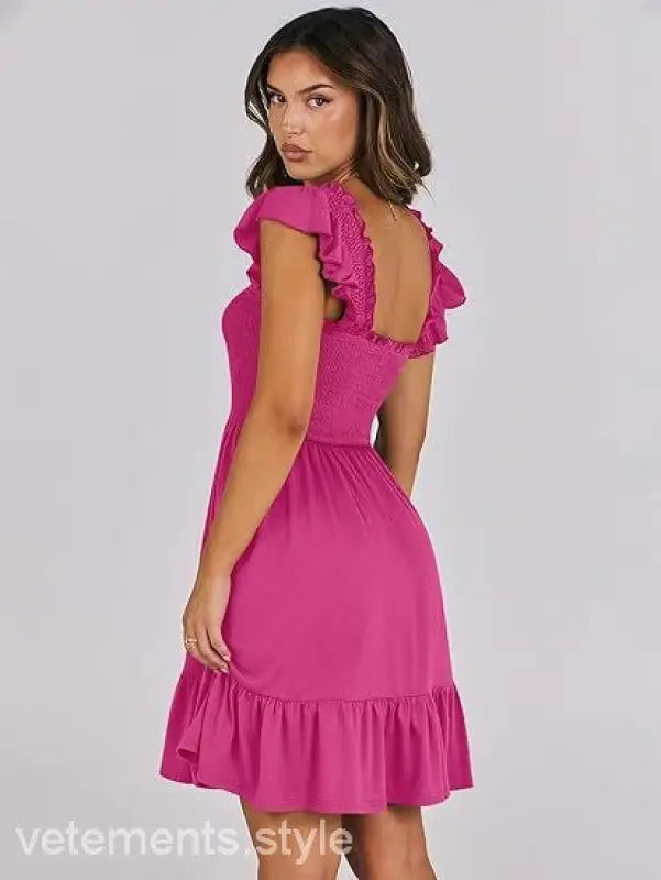 Fuchsia sexy backless short mini dress with ruffle detail for elegant evening wear