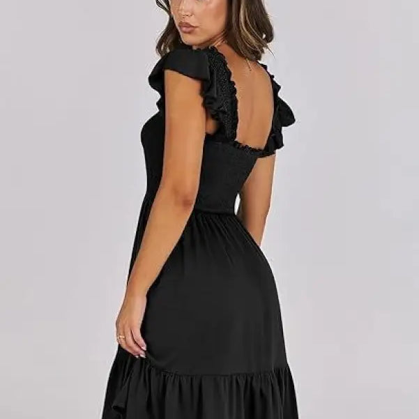 Black ruffled mini dress, elegant backless short mini dress with sexy backless short design