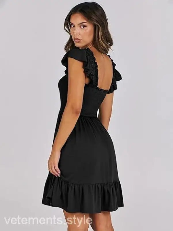 Black ruffled mini dress, elegant backless short mini dress with sexy backless short design