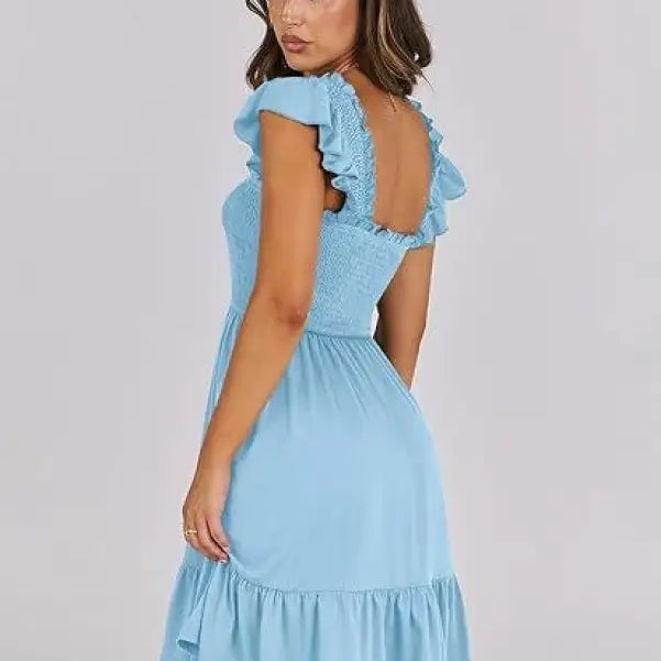 Light blue ruffled dress, elegant backless short mini dress with sexy backless short design