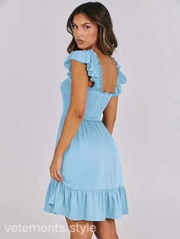 Light blue ruffled dress, elegant backless short mini dress with sexy backless short design