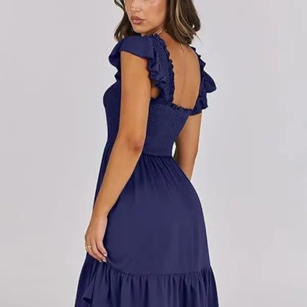 Navy blue sexy backless short mini dress with ruffle sleeves for elegant occasions