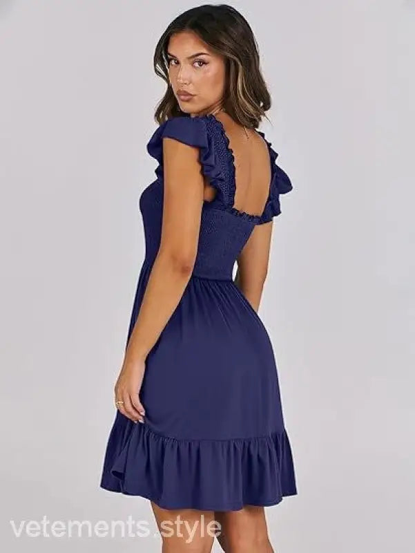 Navy blue sexy backless short mini dress with ruffle sleeves for elegant occasions