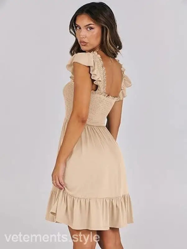 Beige sexy backless short mini dress with ruffle detail for elegant evening wear