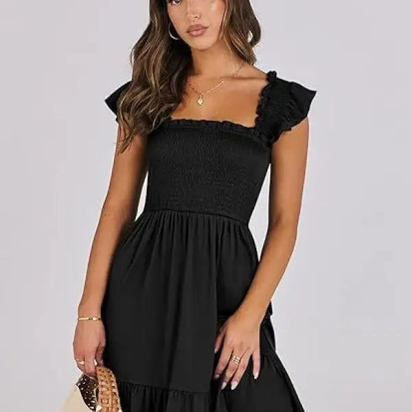 Black smocked bodice dress, elegant backless short mini dress with ruffle detail