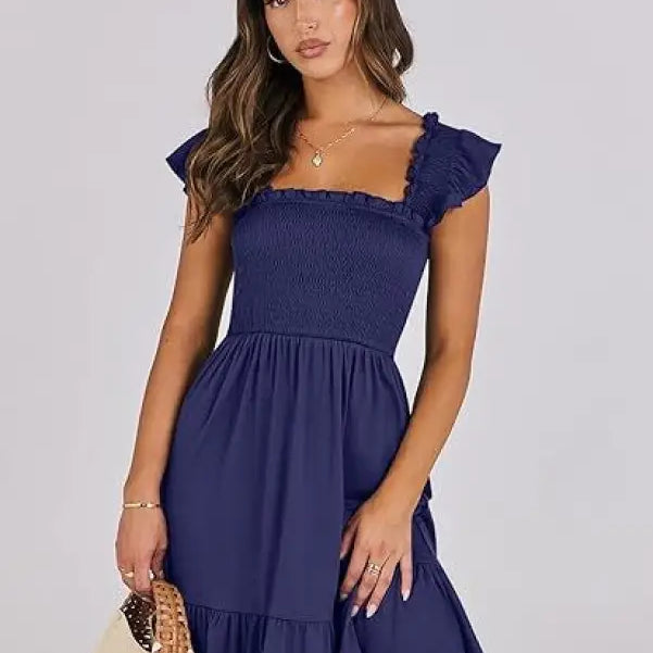 Navy blue smocked elegant backless short mini dress with ruffle detail for stylish occasions