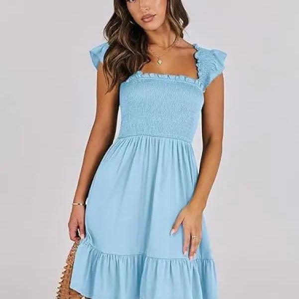Light blue smocked dress from Elegant Backless Short Mini Dress with Ruffle Detail