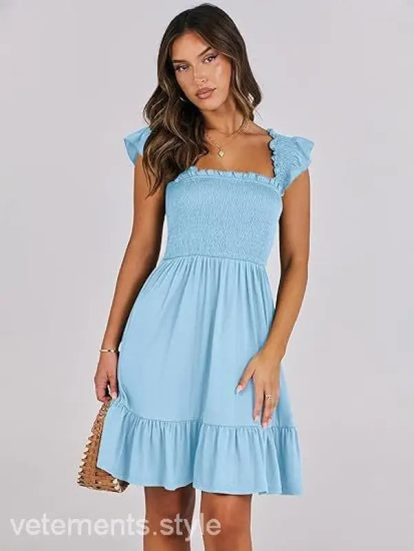 Light blue smocked dress from Elegant Backless Short Mini Dress with Ruffle Detail