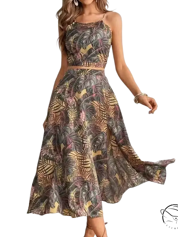 Elegant beach dress: tropical print two-piece skirt set slim fit