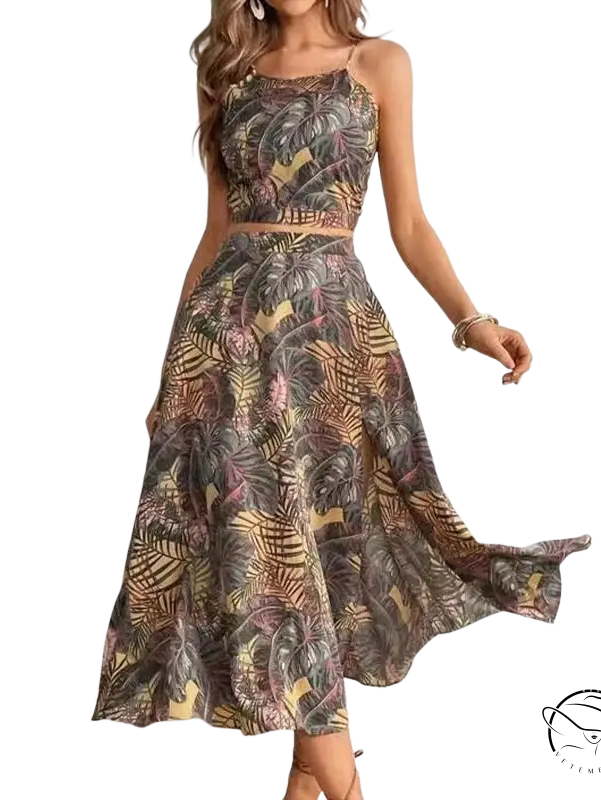 Elegant beach dress: tropical print two-piece skirt set slim fit