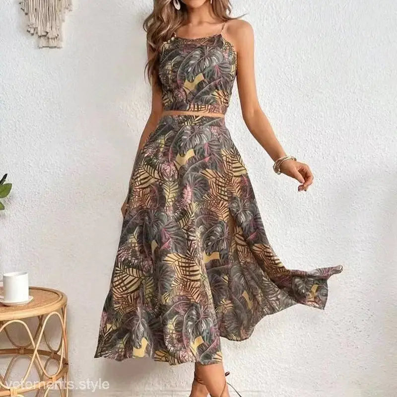 Tropical print two-piece Elegant Beach Dress, Boho Spaghetti Strap Skirt Set Slim Fit