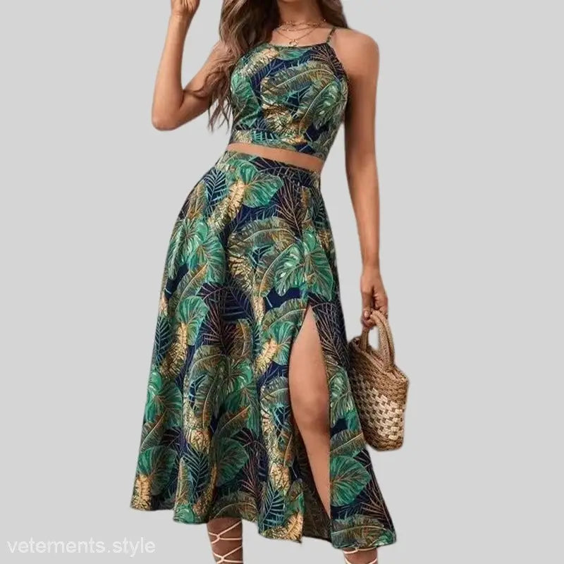 Tropical print two-piece Elegant Beach Dress set slim fit with boho spaghetti straps