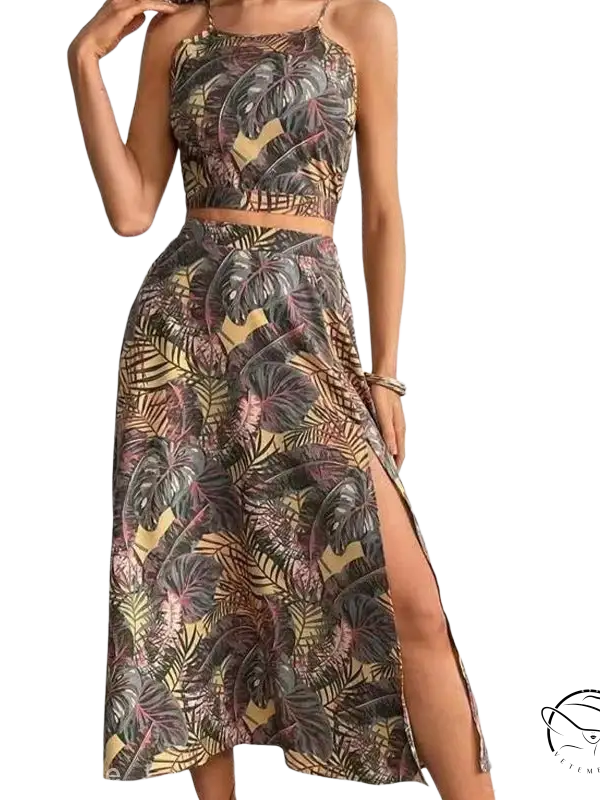 Elegant beach dress: tropical print two-piece skirt set slim fit