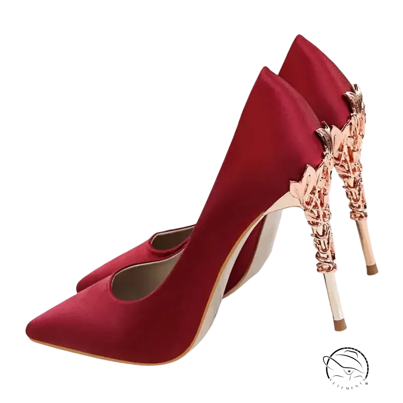 Elegant Bigtree women’s pumps with red satin and rose gold heels