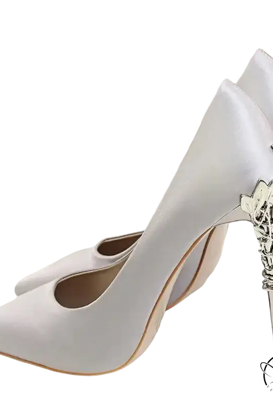 Elegant Bigtree women’s pumps: silver satin high-heeled with metallic floral stiletto details
