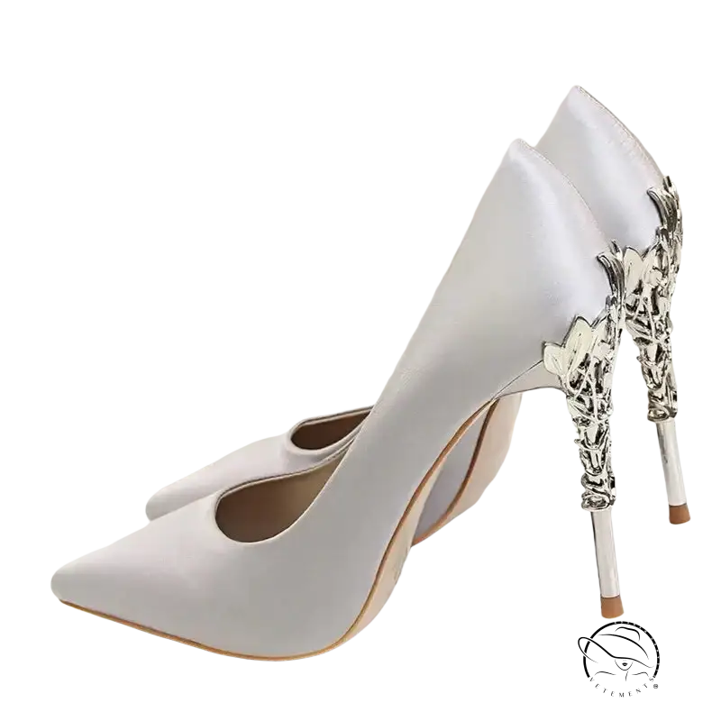 Elegant Bigtree women’s pumps: silver satin high-heeled with metallic floral stiletto details