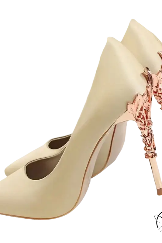 Elegant Bigtree women’s pumps with cream satin and rose gold vine heels