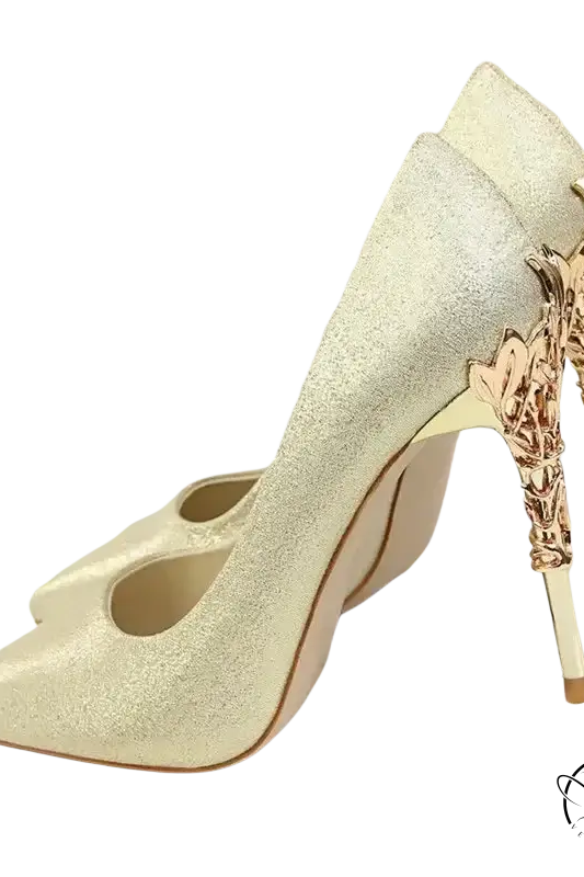 Elegant Bigtree women’s pumps: shiny gold high-heeled with ornate sculpted heels