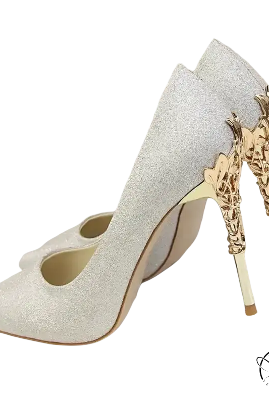 Elegant Bigtree women’s pumps: silver glittery high-heeled with gold filigree stilettos