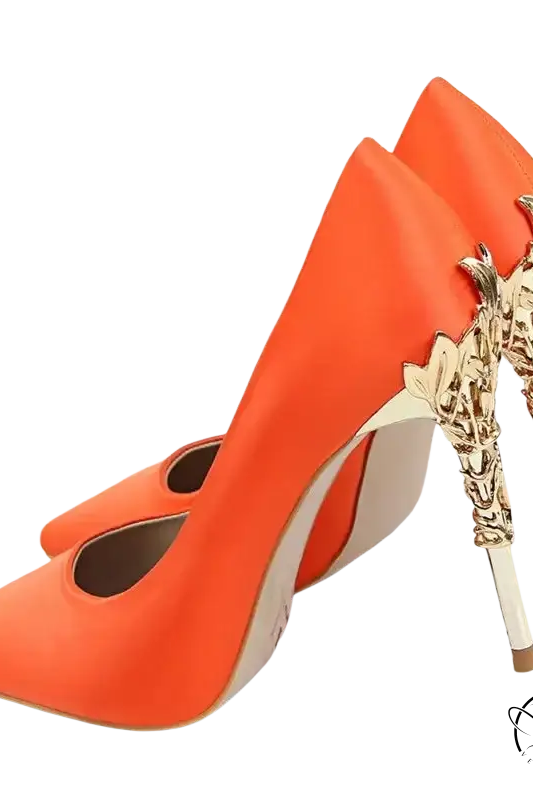 Elegant Bigtree womens pumps in bright orange satin with gold leaf stiletto heels
