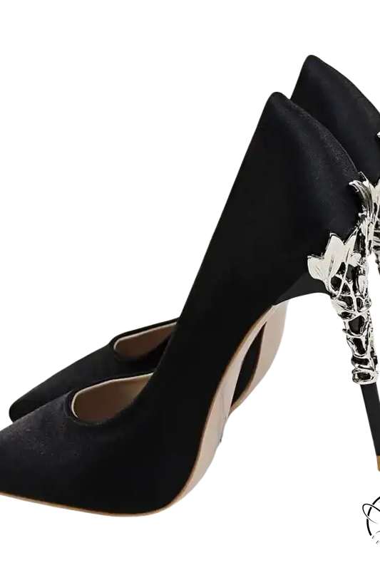 Elegant Bigtree women’s pumps with black satin and silver giraffe heels