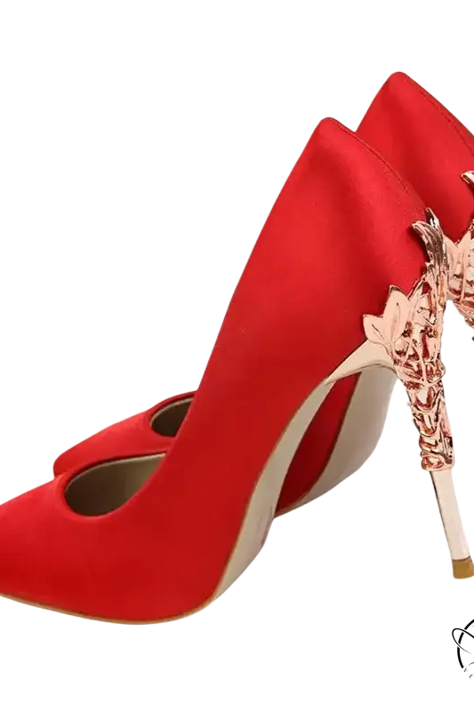 Elegant Bigtree women’s pumps: red satin high-heels with rose gold leaf stilettos
