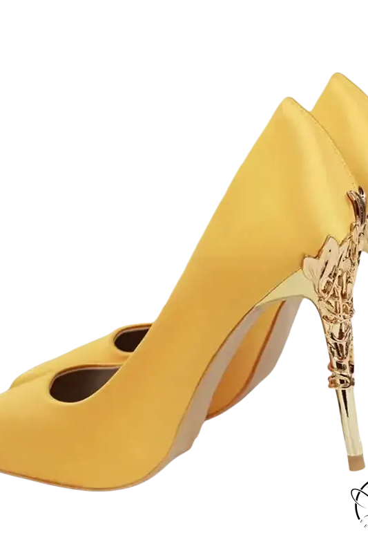 Elegant bigtree heels: yellow satin pumps with ornate gold metal heels