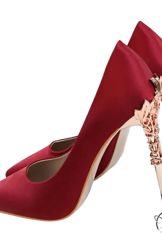 Elegant Bigtree womens pumps: red satin high-heeled with rose gold heels