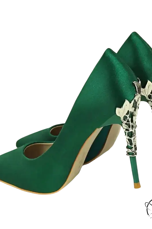 Elegant Bigtree women’s pumps: emerald green satin with silver leaf stiletto heels