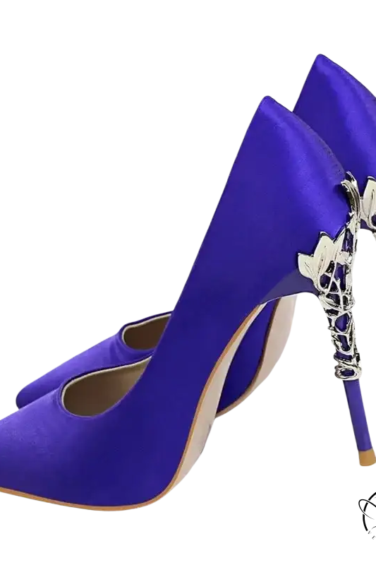 Elegant Bigtree women’s pumps: vibrant royal blue satin heels with silver leaf stiletto