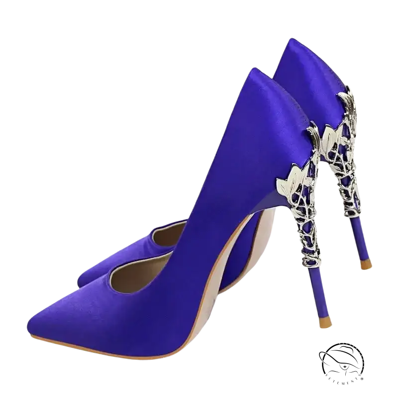 Elegant Bigtree women’s pumps: vibrant royal blue satin heels with silver leaf stiletto