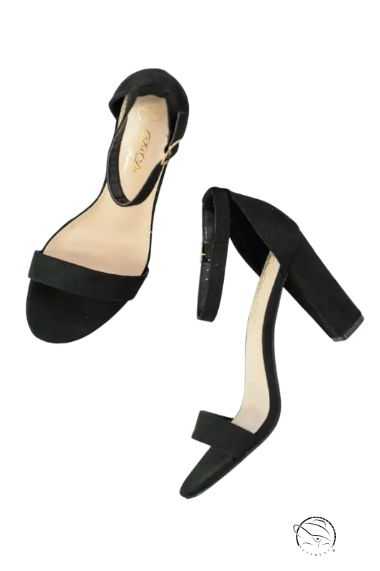 Stylish black heeled sandals with adjustable ankle strap and chunky heels