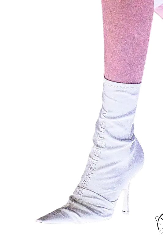 Elegant white satin single mile 9cm ankle boot with pointed toe and heel
