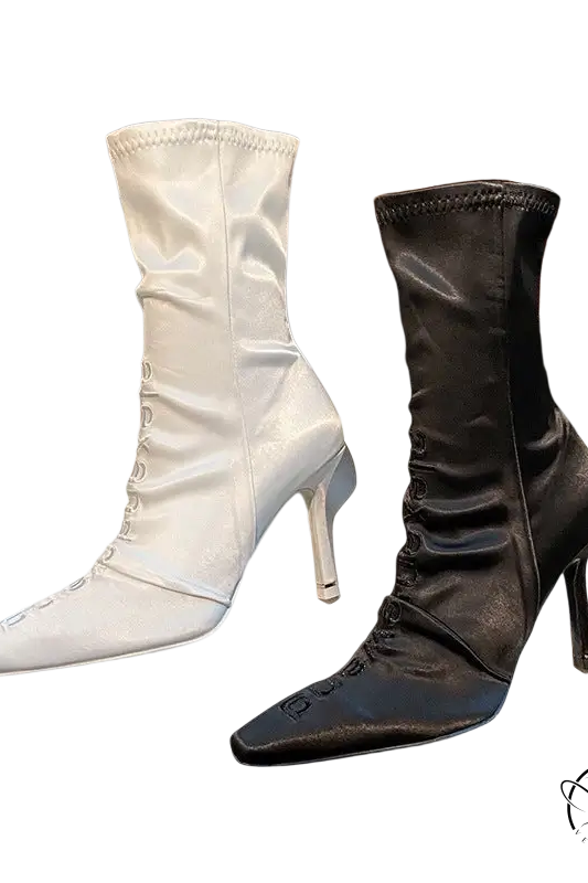 Elegant black single mile 9cm boots in glossy white satin with pointed heels