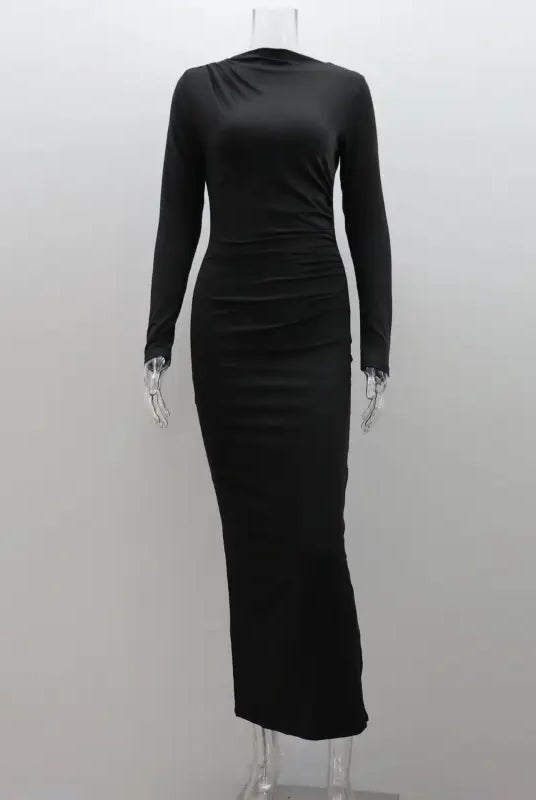 Elegant bodycon dress in coral red or dark grey with long sleeves and high neckline