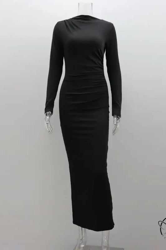 Elegant bodycon dress in coral red or dark grey with long sleeves and high neckline