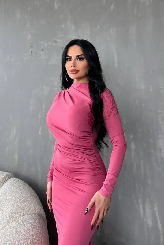 Elegant bodycon dress in coral red or dark grey worn by woman with long dark hair