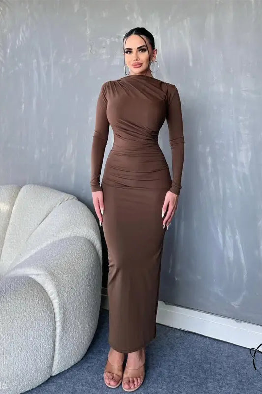 Elegant bodycon dress in coral red or dark grey on woman