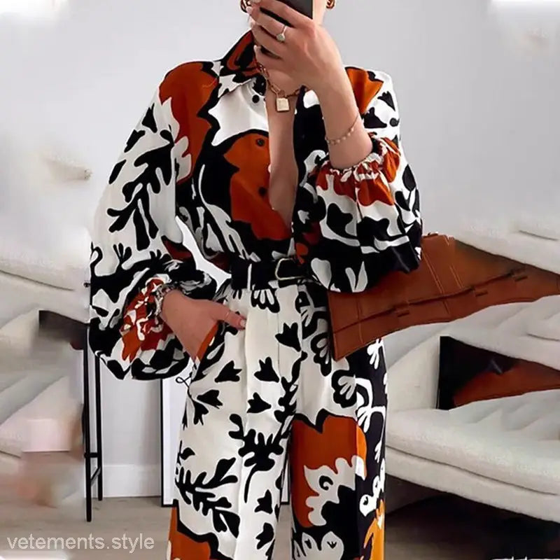 Elegant Bohemian Contrast casual two-piece jumpsuit with bold black, white, rust abstract pattern