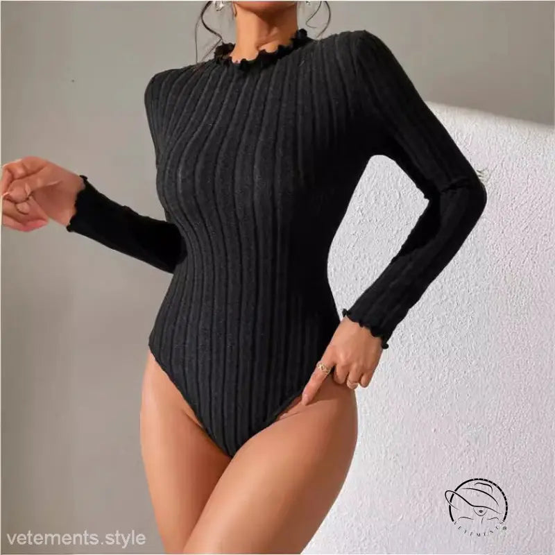 Black ribbed long-sleeve brushed striped jumpsuit with ruffled neckline
