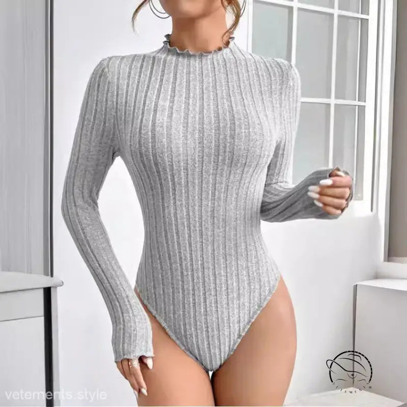 Gray ribbed long-sleeve brushed striped jumpsuit with high neckline