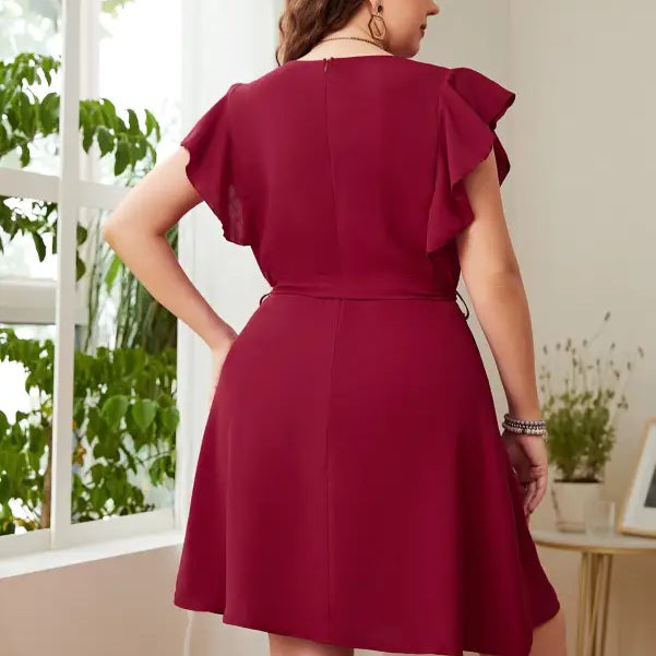 Burgundy belted flutter-sleeve dress, an elegant butterfly sleeve dress for summer