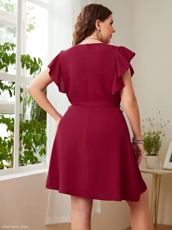 Burgundy belted flutter-sleeve dress, an elegant butterfly sleeve dress for summer